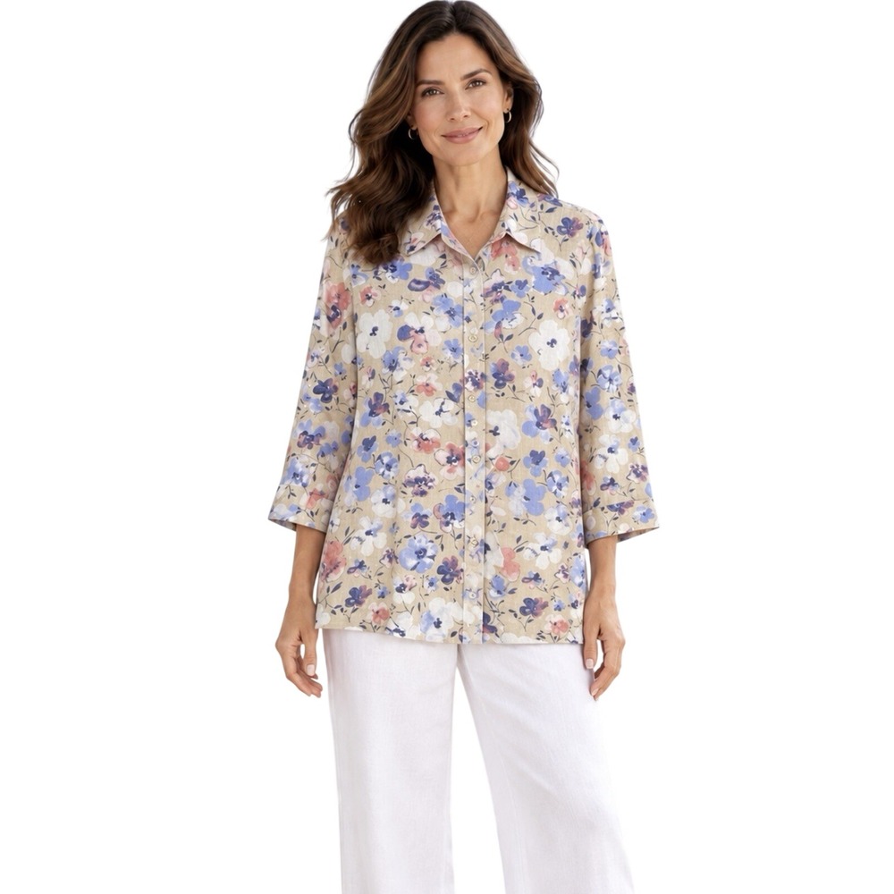 Coldwater Creek Watercolor Linen Button Up Tunic Top Shirt Size Large